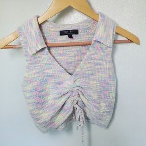 Witty Fox‎ Cropped Knit Top Sleeveless Vest Pastel Rainbow Drawstring Collar S